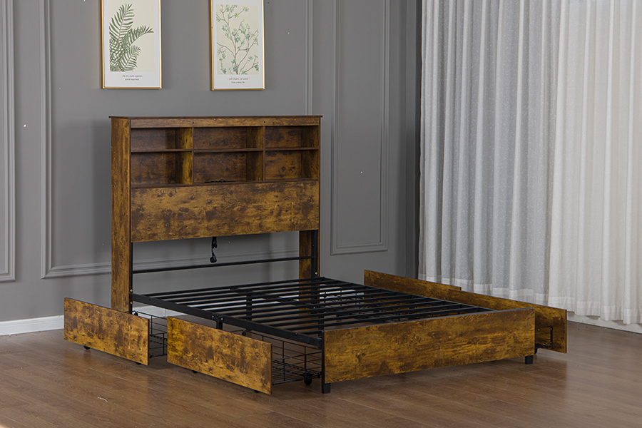 Rangka Tempat Tidur Kayu Bergaya Retro-Industri 4831D