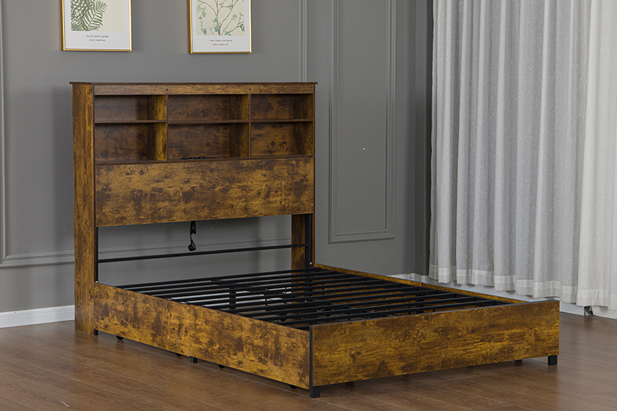 Rangka Tempat Tidur Kayu Bergaya Retro-Industri 4831D