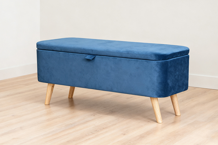 Kotak Ottoman Penyimpanan Beludru Biru Berlapis WSS956