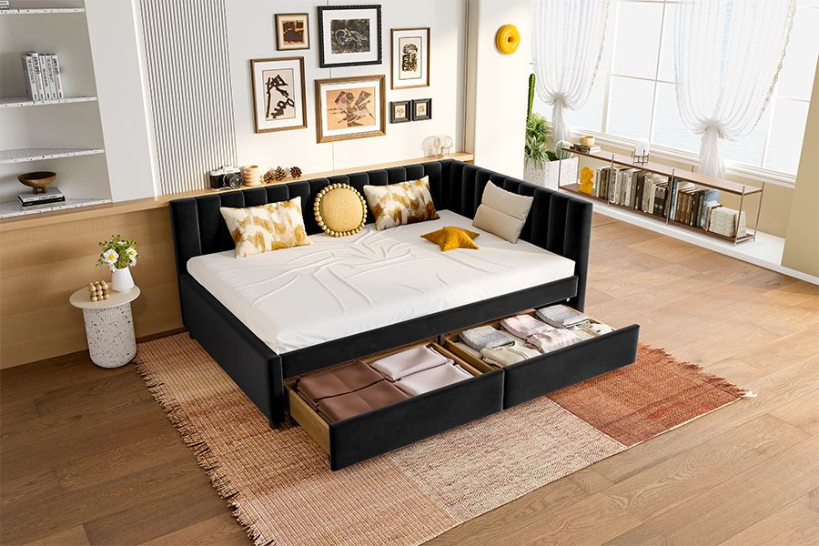 Tempat Tidur Sofa Beludru Penyimpanan 4856D untuk Ruang Kecil