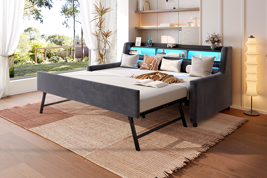 4857-1U Tempat Tidur Sofa Tertutup Kain Beludru Lembut Trundle