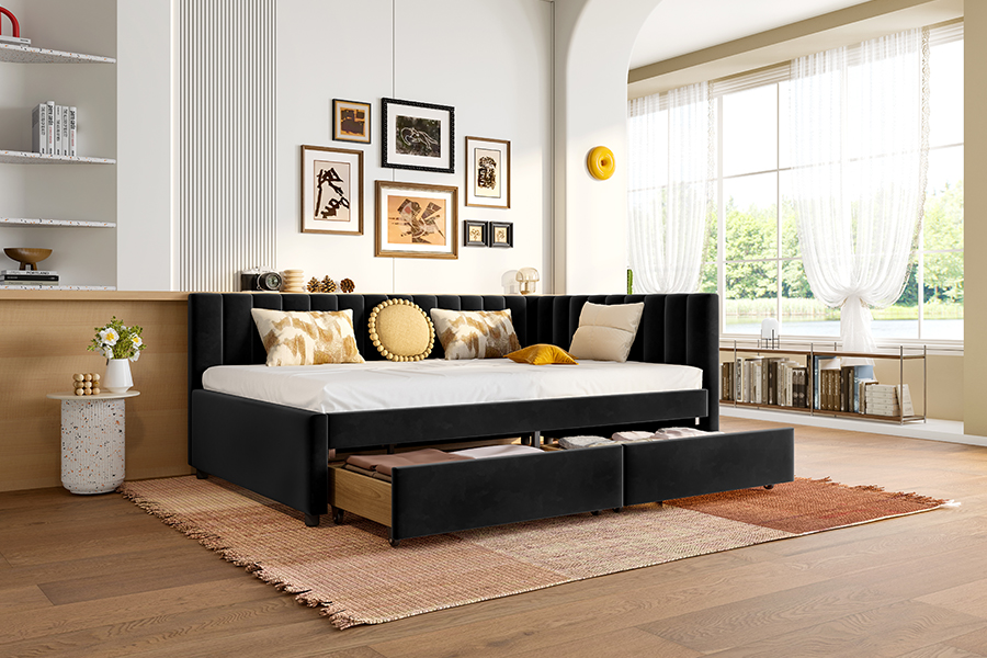 Tempat Tidur Sofa Beludru Penyimpanan 4856D untuk Ruang Kecil