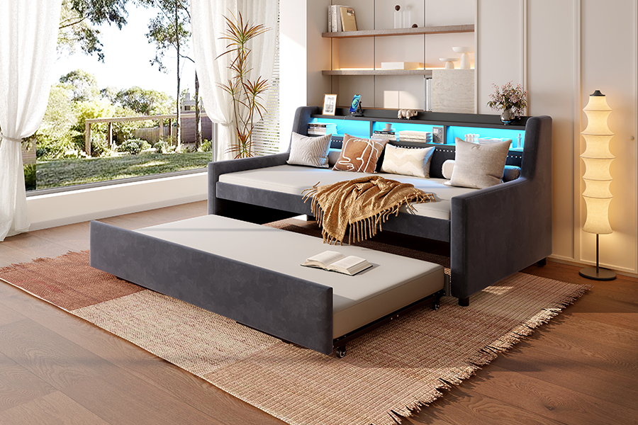 4857-1U Tempat Tidur Sofa Tertutup Kain Beludru Lembut Trundle