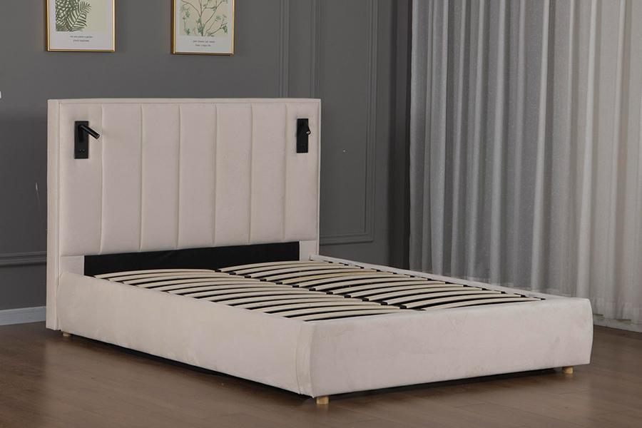 5033-1G Penyimpanan Hidraulik Rangka Tempat Tidur Berlapis LED Beludru Krem Lembut Modern