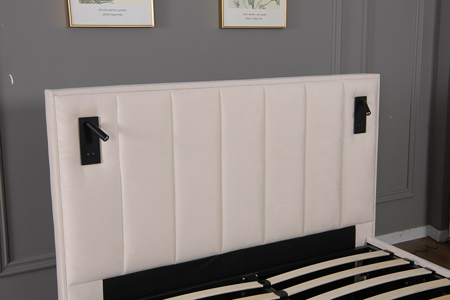 5033-1G Penyimpanan Hidraulik Rangka Tempat Tidur Berlapis LED Beludru Krem Lembut Modern