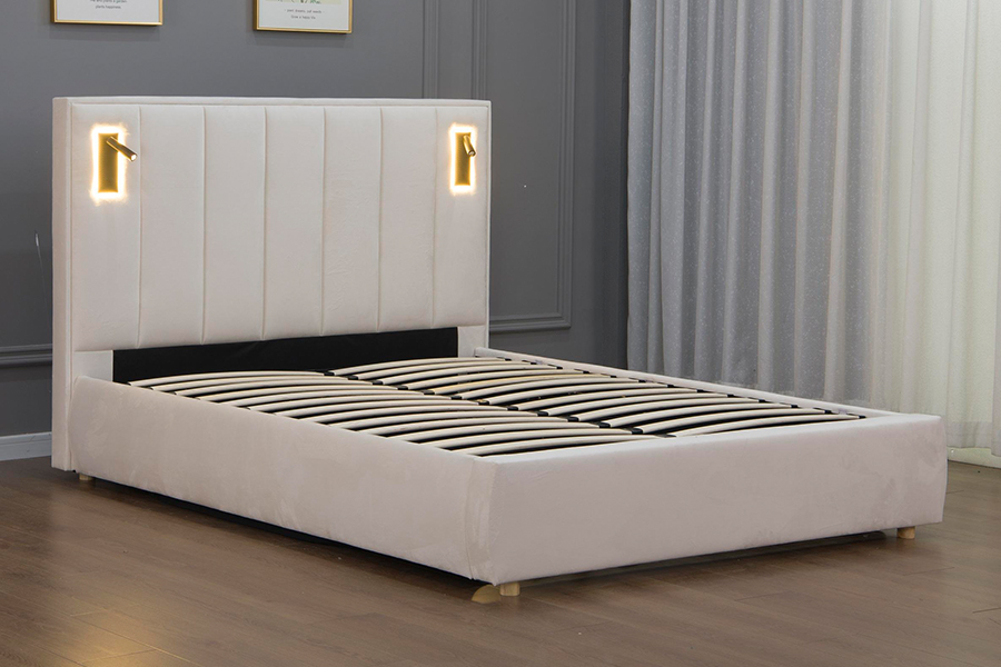 5033-1G Penyimpanan Hidraulik Rangka Tempat Tidur Berlapis LED Beludru Krem Lembut Modern