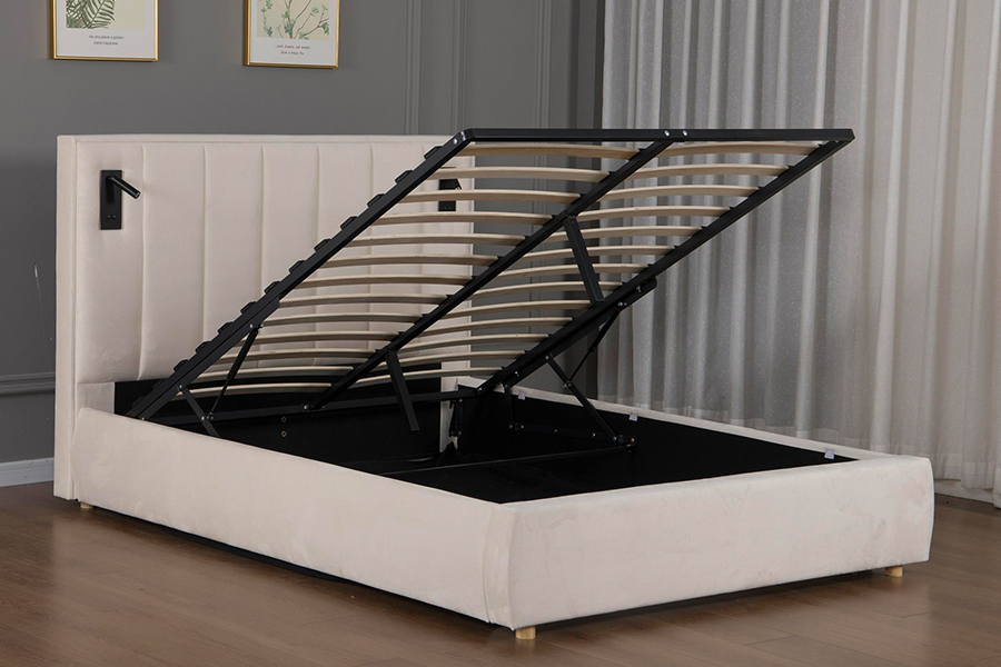 5033-1G Penyimpanan Hidraulik Rangka Tempat Tidur Berlapis LED Beludru Krem Lembut Modern