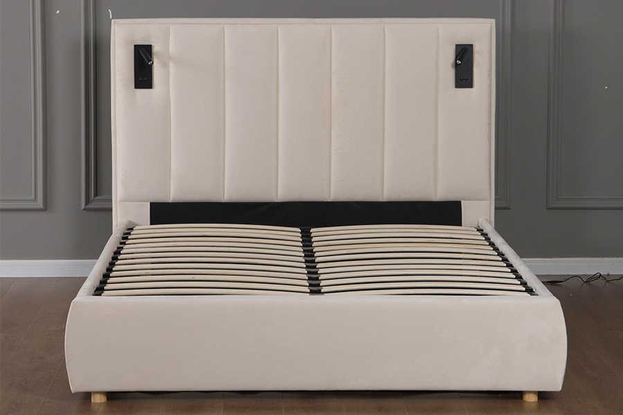 5033-1G Penyimpanan Hidraulik Rangka Tempat Tidur Berlapis LED Beludru Krem Lembut Modern