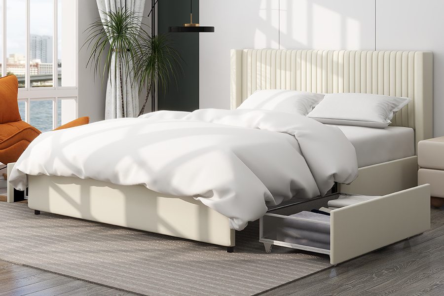 N18 Tempat Tidur Empuk Berlapis Krem Modern Rangka Tempat Tidur Penyimpanan Berlapis Dapat Disesuaikan