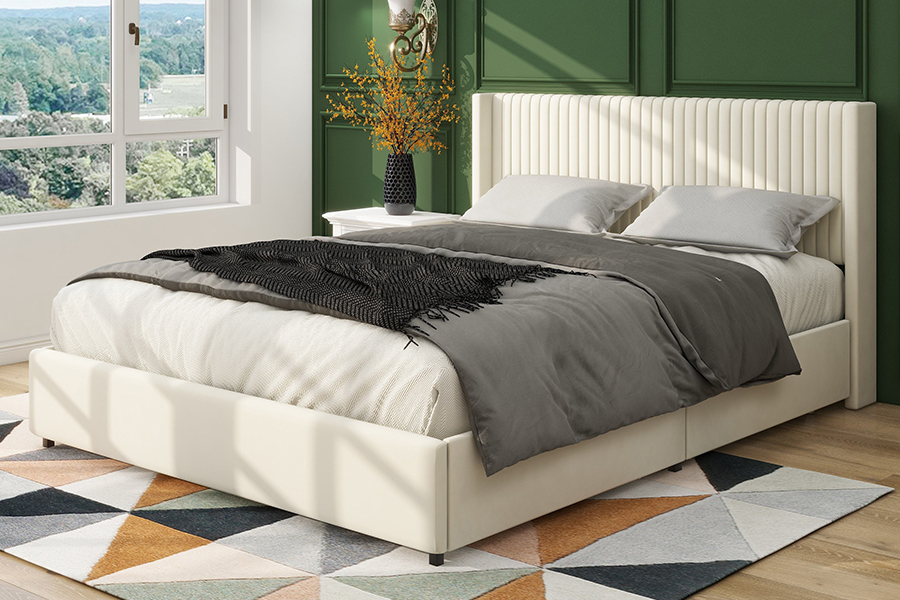 N18 Tempat Tidur Empuk Berlapis Krem Modern Rangka Tempat Tidur Penyimpanan Berlapis Dapat Disesuaikan