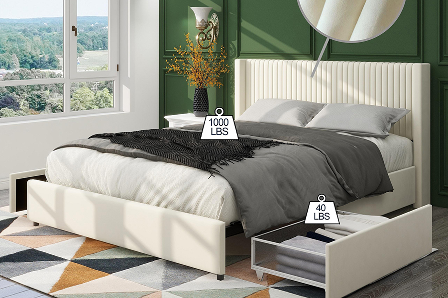 N18 Tempat Tidur Empuk Berlapis Krem Modern Rangka Tempat Tidur Penyimpanan Berlapis Dapat Disesuaikan