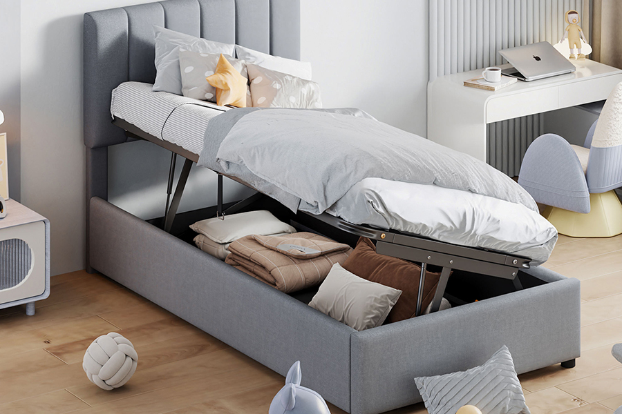N16 Modern Grey Fabric Fungsi penyimpanan yang dapat diangkat Rangka Tempat Tidur Penyimpanan Berlapis