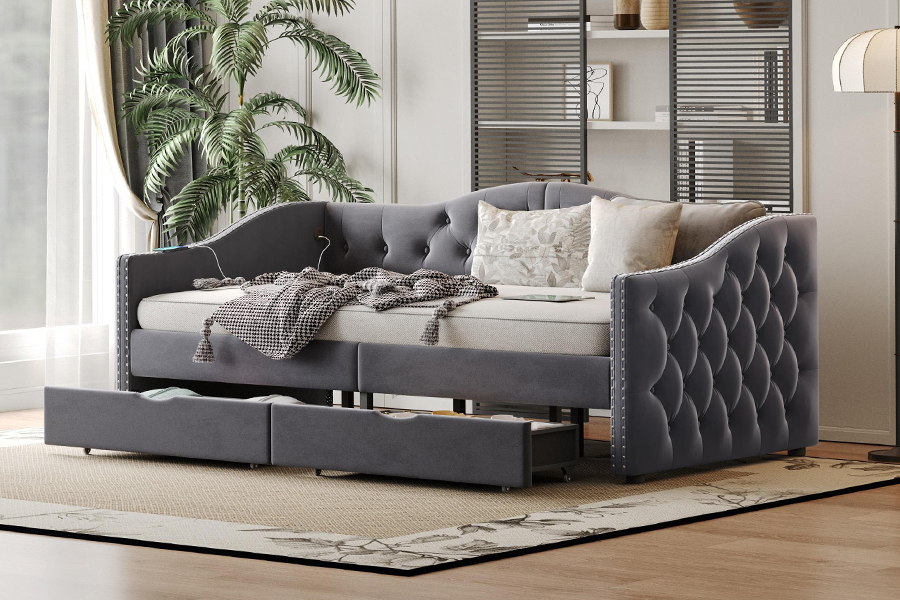 N13 Tempat Tidur Sofa Penyimpanan Bantal Beludru Abu-abu Modern Eropa