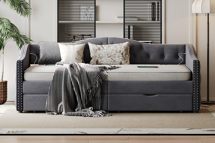 N13 Tempat Tidur Sofa Penyimpanan Bantal Beludru Abu-abu Modern Eropa
