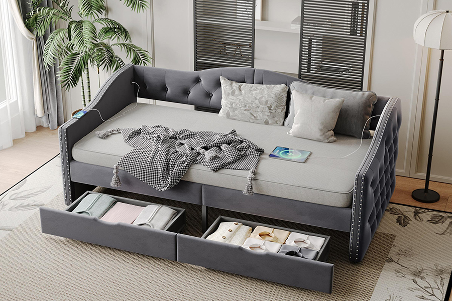 N13 Tempat Tidur Sofa Penyimpanan Bantal Beludru Abu-abu Modern Eropa