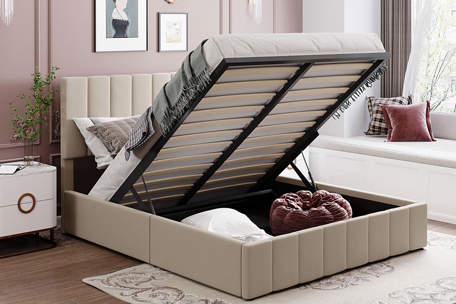 N19 Rangka Tempat Tidur Penyimpanan Berlapis Headboard berumbai bergaris vertikal