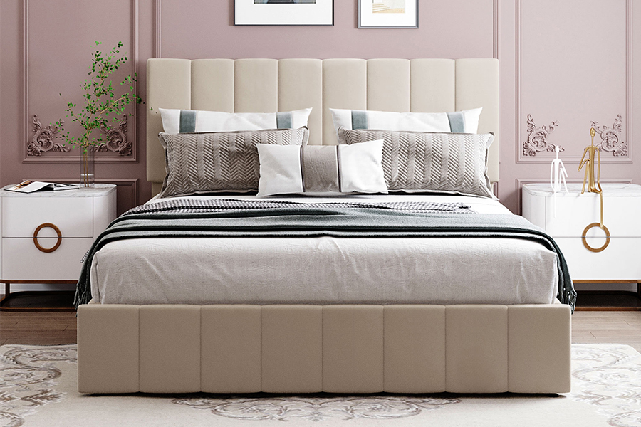 N19 Rangka Tempat Tidur Penyimpanan Berlapis Headboard berumbai bergaris vertikal