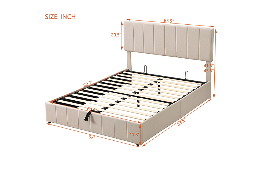 N19 Rangka Tempat Tidur Penyimpanan Berlapis Headboard berumbai bergaris vertikal
