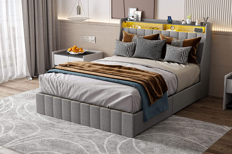 N2 Tempat Tidur Kain Abu-abu Bahan Ramah Lingkungan Rangka Tempat Tidur Berlapis LED