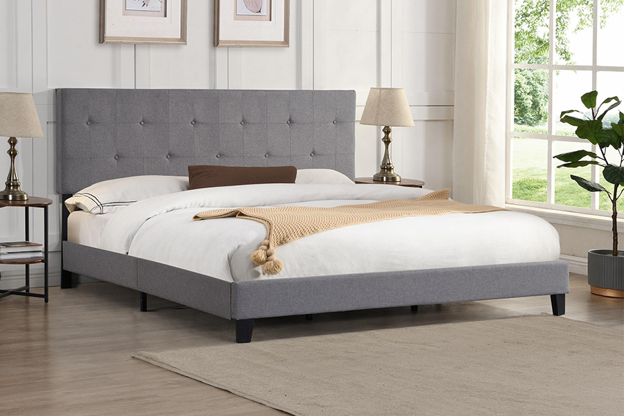 N7 Tempat Tidur Berlapis Headboard Berumbai Kancing Kain Abu-abu
