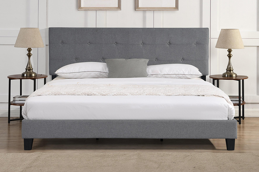 N7 Tempat Tidur Berlapis Headboard Berumbai Kancing Kain Abu-abu