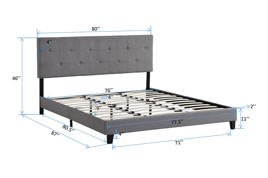 N7 Tempat Tidur Berlapis Headboard Berumbai Kancing Kain Abu-abu