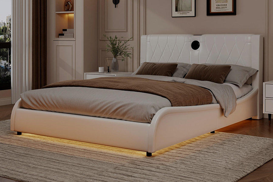 N8 Tempat Tidur Platform Dapat Disesuaikan Tempat Tidur Empuk Putih Modern Rangka Tempat Tidur Berlapis LED