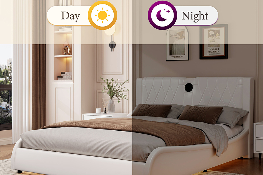 N8 Tempat Tidur Platform Dapat Disesuaikan Tempat Tidur Empuk Putih Modern Rangka Tempat Tidur Berlapis LED