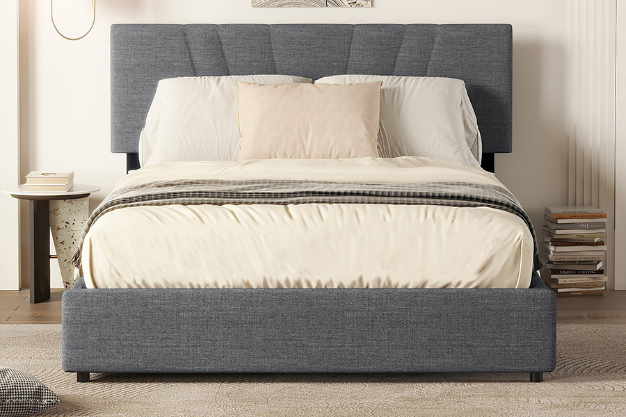 1307 Rangka Tempat Tidur Penyimpanan Berlapis Linen Berumbai Coklat