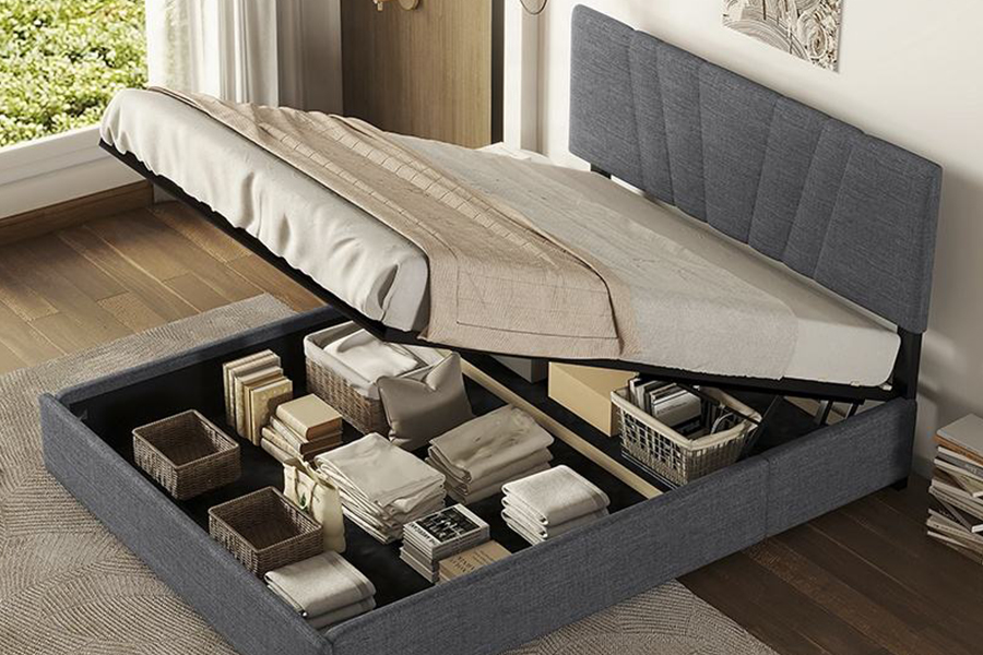 1307 Rangka Tempat Tidur Penyimpanan Berlapis Linen Berumbai Coklat