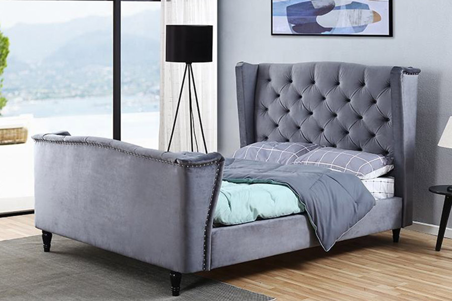 1399 Tempat Tidur Berlapis Kancing Sayap Kain Beludru