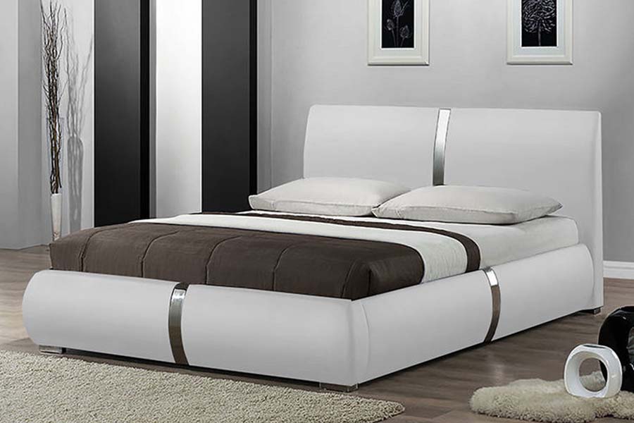 1859 Tempat Tidur Berlapis Kulit Lembut Rangka Kayu Solid