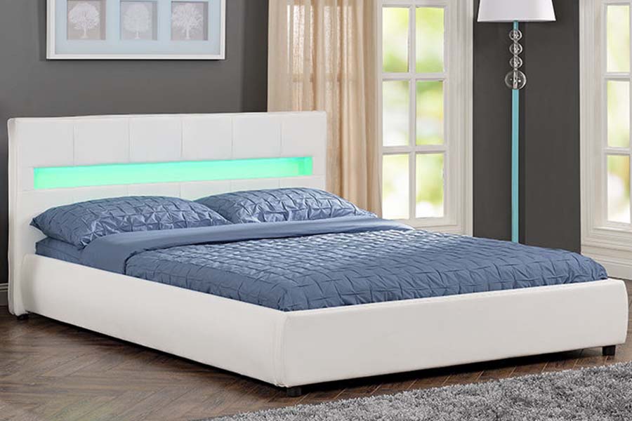 Rangka Tempat Tidur Berlapis LED Tempat Tidur Empuk PU Putih 1813