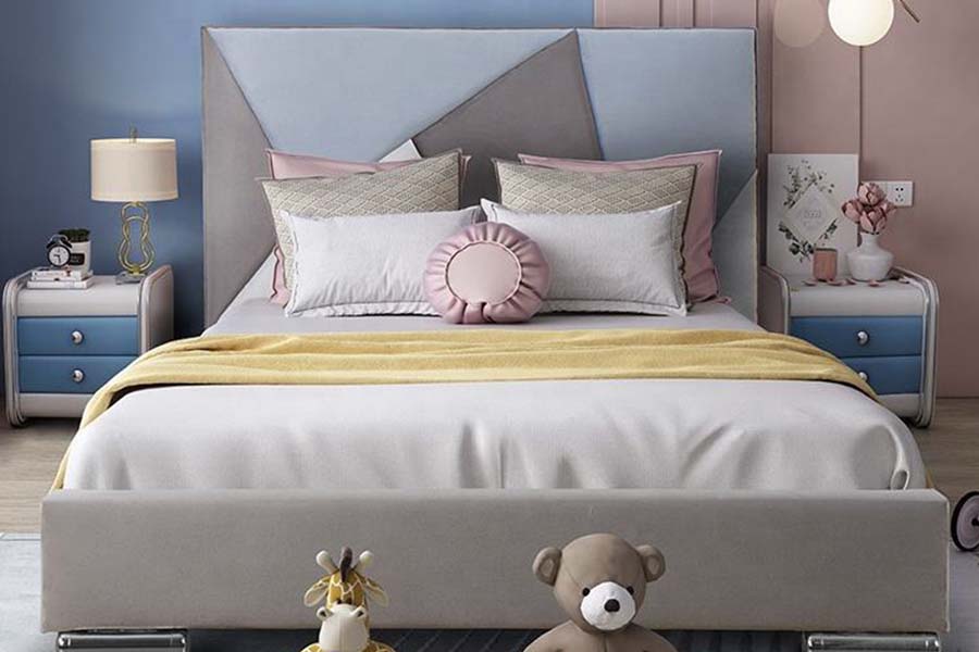 1571 Tempat Tidur Single Kulit Sintetis Tempat Tidur Anak Headboard Berkode Warna