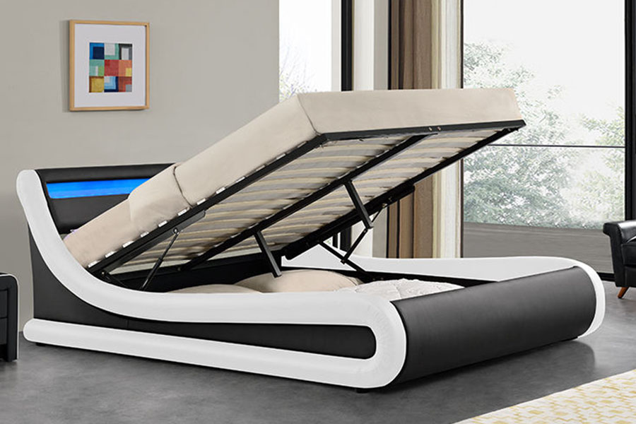 Tempat Tidur Kulit PU Ottoman Pengangkat Gas LED Seperti Gelombang 1138-1G