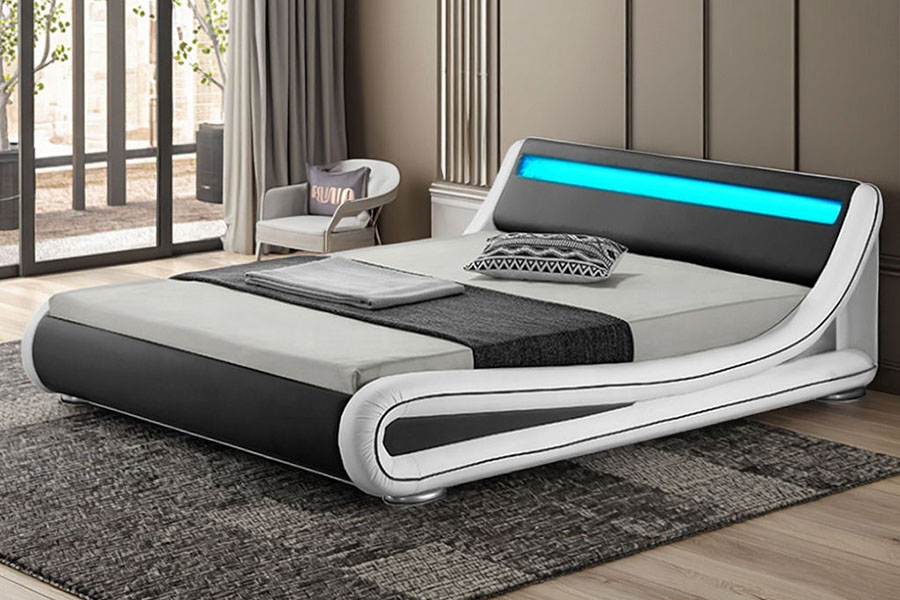 1137-1 Rangka Tempat Tidur Berlapis Kulit Penyimpanan King LED Cerdas