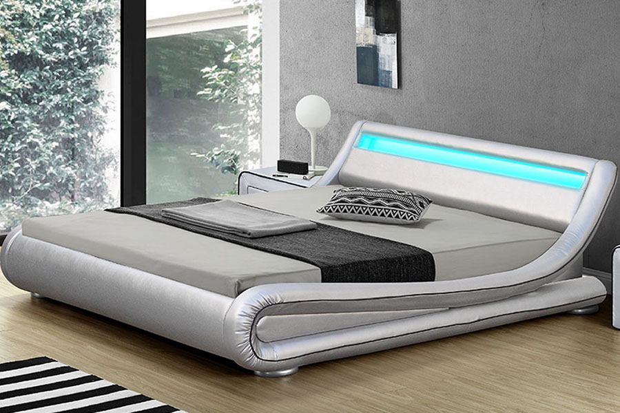 1137-1 Rangka Tempat Tidur Berlapis Kulit Penyimpanan King LED Cerdas