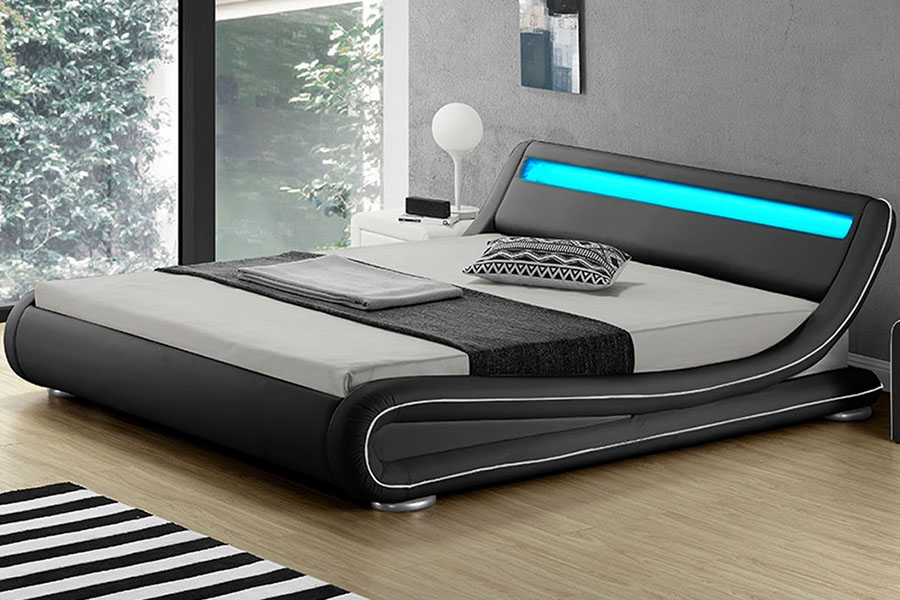 1137-1 Rangka Tempat Tidur Berlapis Kulit Penyimpanan King LED Cerdas