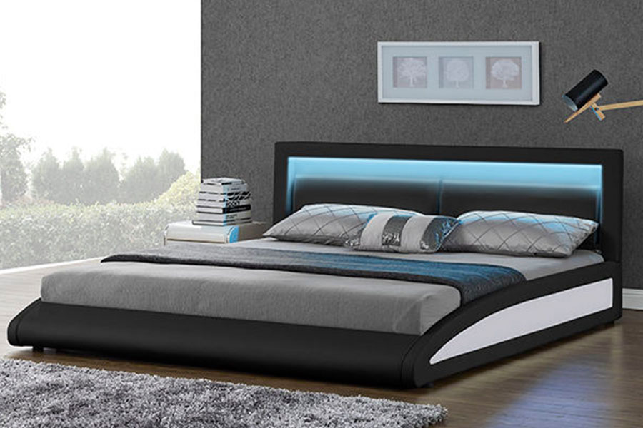 1118-1-2 Rangka Tempat Tidur LED Cerdas Kulit Imitasi Eropa Melengkung