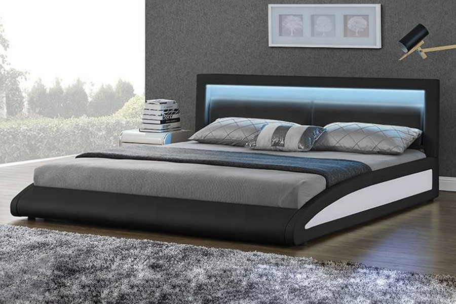 1118-1-2 Rangka Tempat Tidur LED Cerdas Kulit Imitasi Eropa Melengkung