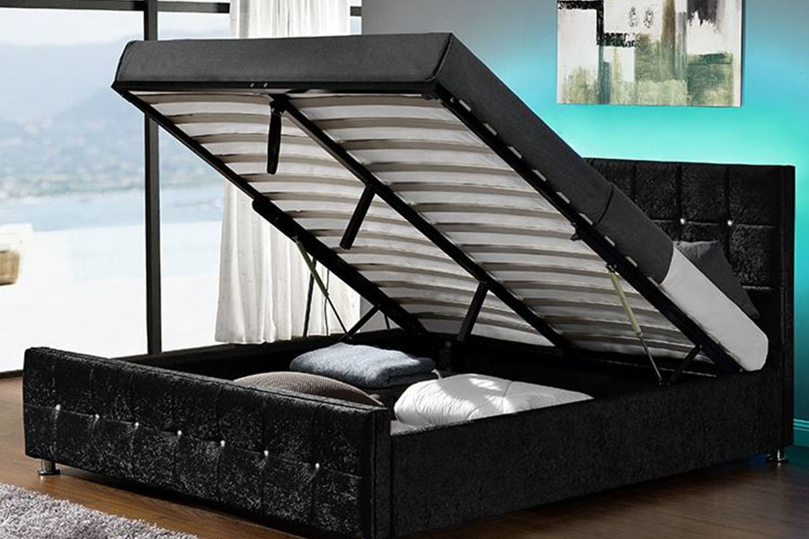 Tempat Tidur Penyimpanan Angkat Gas LED Beludru Chenille Modern 1149-1G