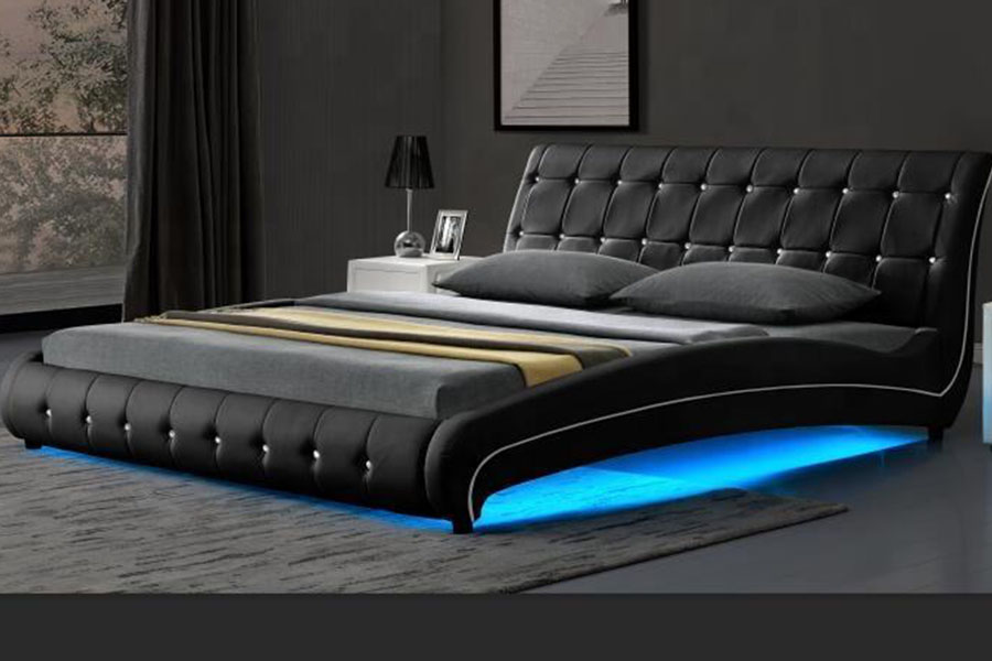 1144-1 Rangka Tempat Tidur Berlapis LED Mewah Kulit Imitasi Berumbai