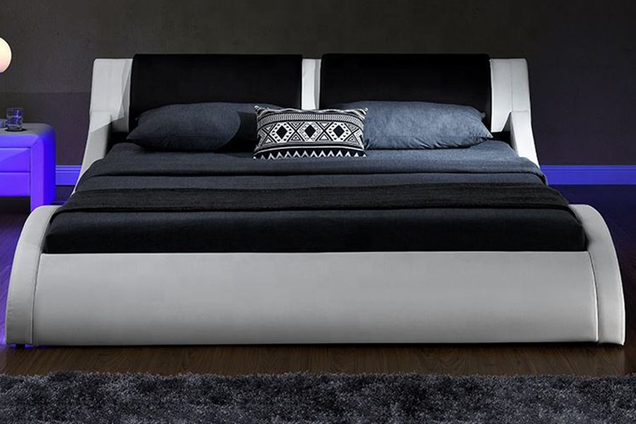 1178-1 Tempat Tidur Berlapis Kulit Queen King Bingkai LED Seperti Gelombang