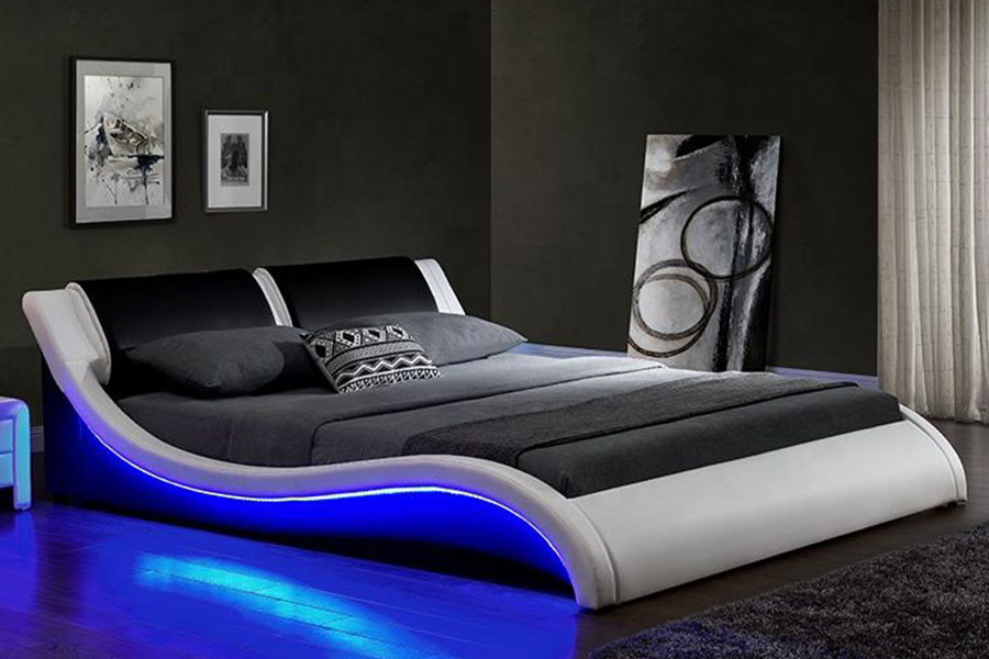 1178-1 Tempat Tidur Berlapis Kulit Queen King Bingkai LED Seperti Gelombang