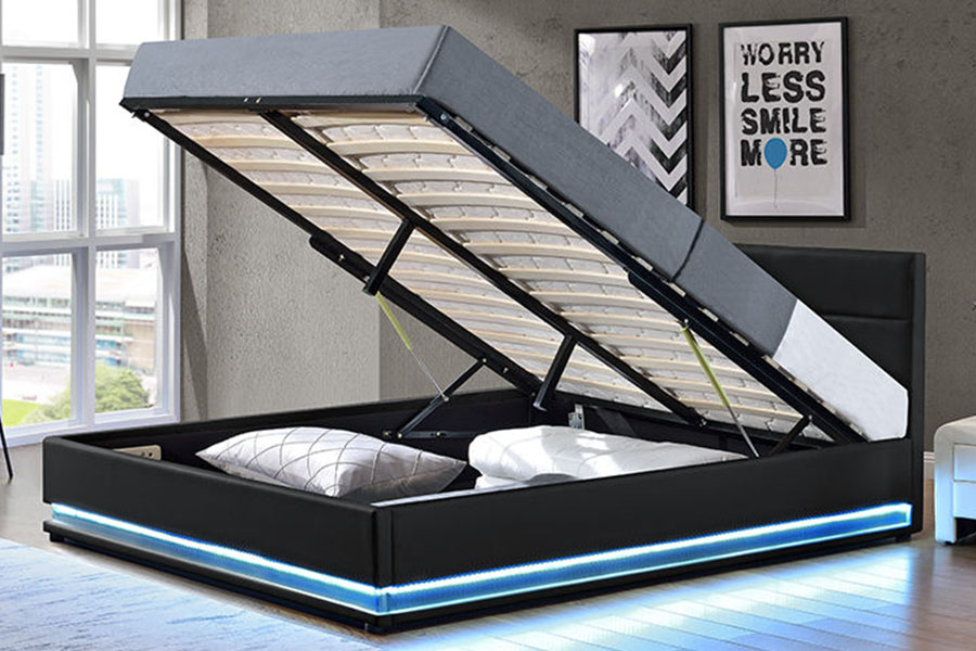 Rangka Tempat Tidur Berlapis LED Penyimpanan Kulit Mewah Modern 1165-1G
