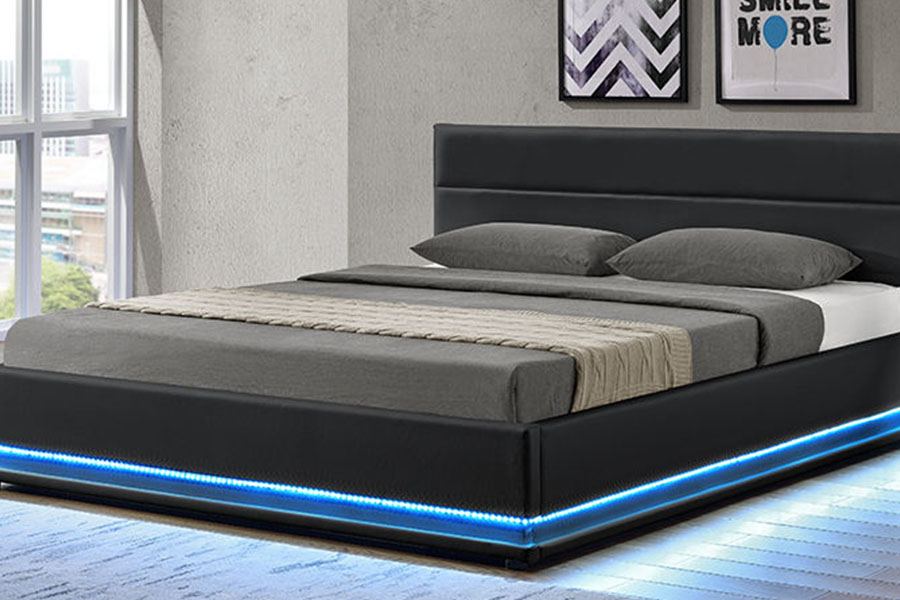 Rangka Tempat Tidur Berlapis LED Penyimpanan Kulit Mewah Modern 1165-1G