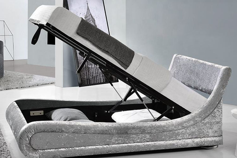 Rangka Tempat Tidur Penyimpanan Gas Ottoman LED Beludru Hancur