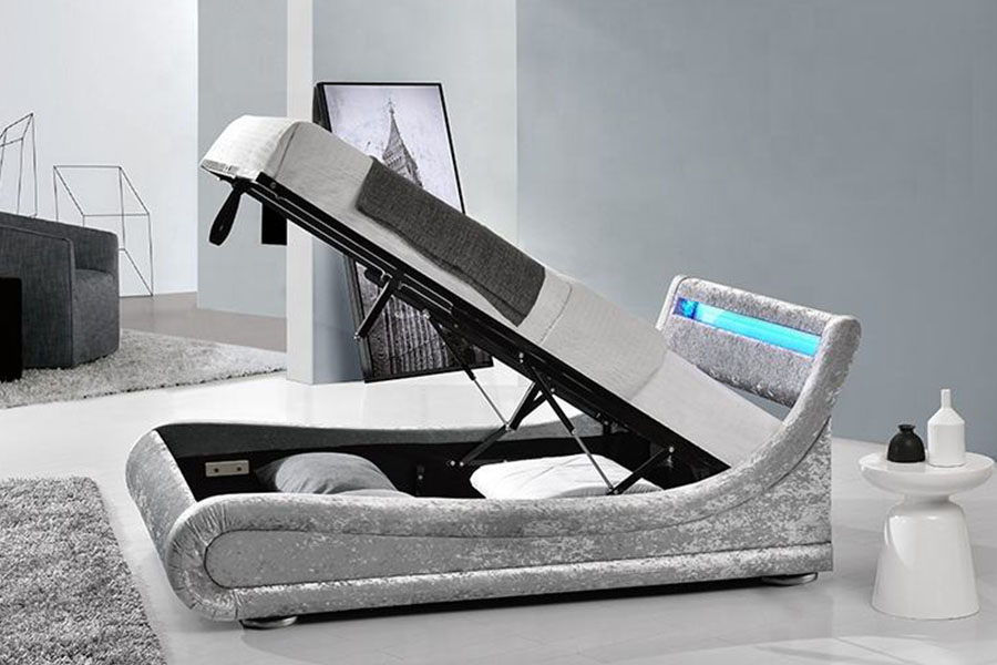 Rangka Tempat Tidur Penyimpanan Gas Ottoman LED Beludru Hancur