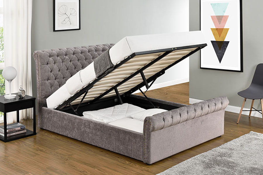 Rangka Tempat Tidur Penyimpanan Ottoman Chesterfield Chenille-Velvet Sleigh 1208G