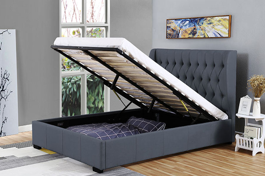 Rangka Tempat Tidur Penyimpanan Detail Kancing Kain Abu-abu Wingback Headboard Tinggi 1310G